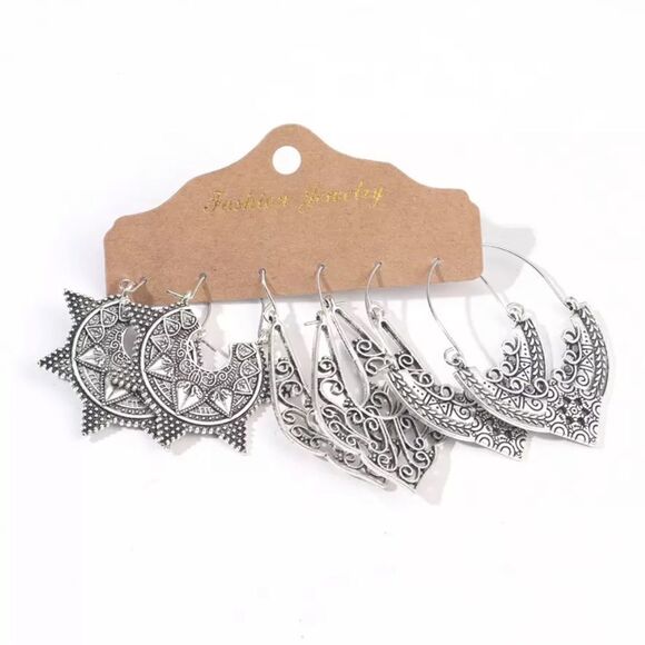 Silver Bohemian Earring Set Geometric Boho Filigree - Picture 1 of 4